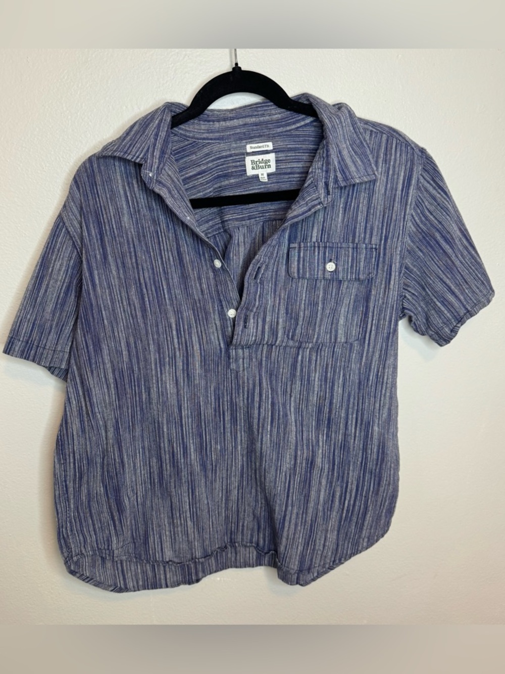 Bridge and Burn Gary Shirt Short Sleeve Button Linen Blue Striped Top